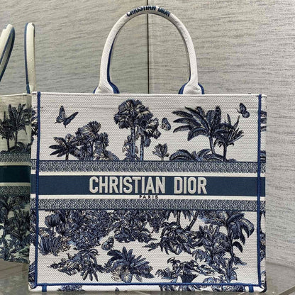 CD Large Dior Book Tote Tropical Pattern Slate Blue White Cotton