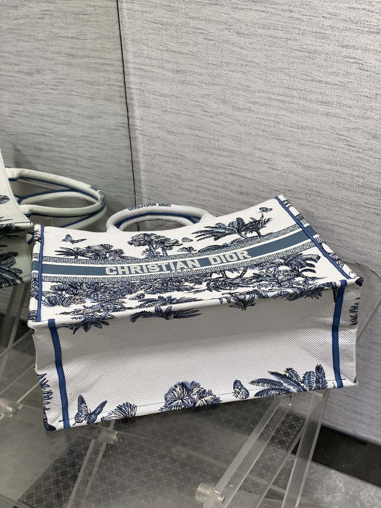 CD Large Dior Book Tote Tropical Pattern Slate Blue White Cotton