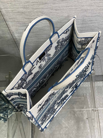 CD Large Dior Book Tote Tropical Pattern Slate Blue White Cotton