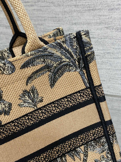 CD Small Dior Book Tote Tropical Pattern Black Beige Cotton