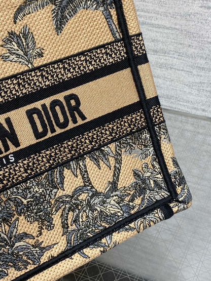 CD Small Dior Book Tote Tropical Pattern Black Beige Cotton