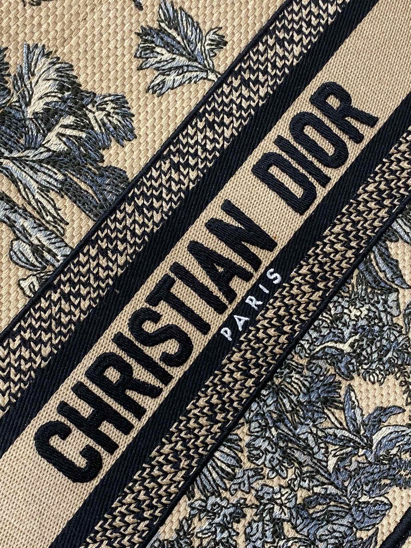 CD Small Dior Book Tote Tropical Pattern Black Beige Cotton