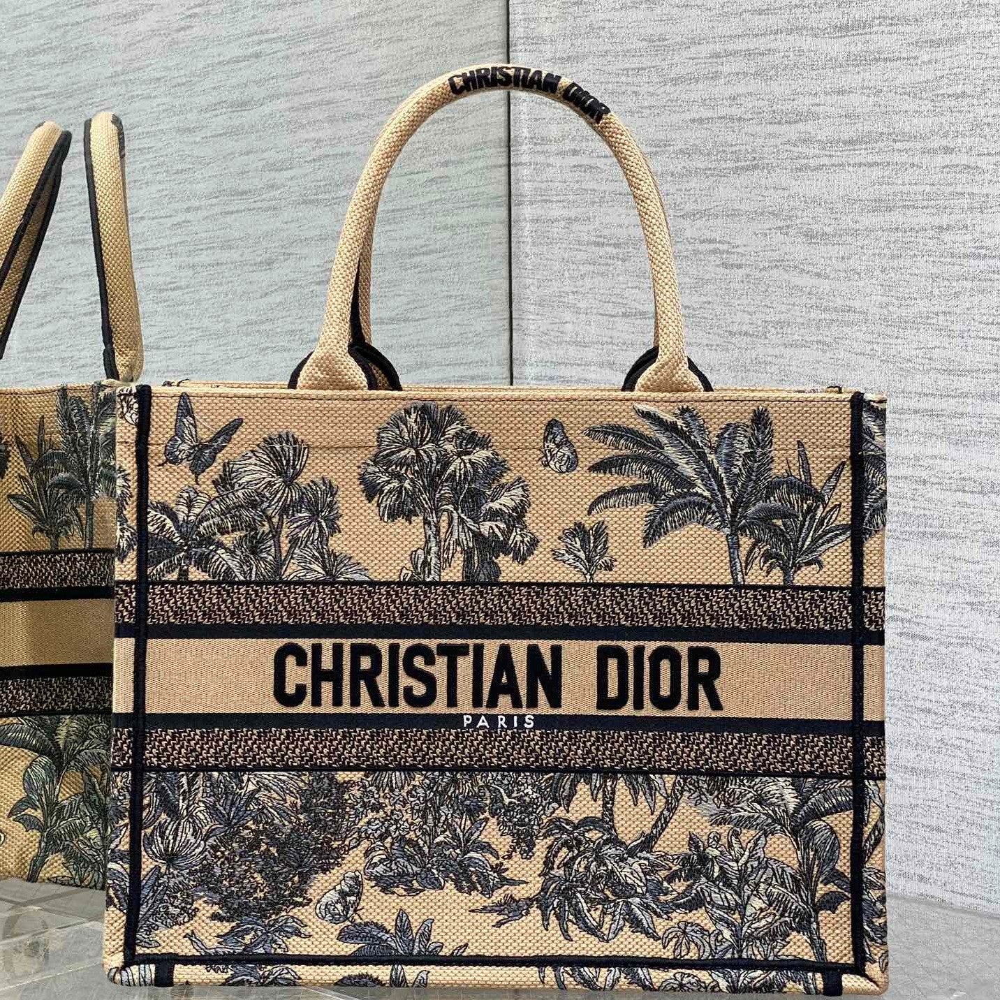 CD Medium Dior Book Tote Tropical Pattern Black Beige Cotton