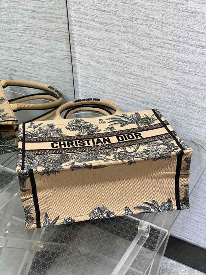 CD Medium Dior Book Tote Tropical Pattern Black Beige Cotton