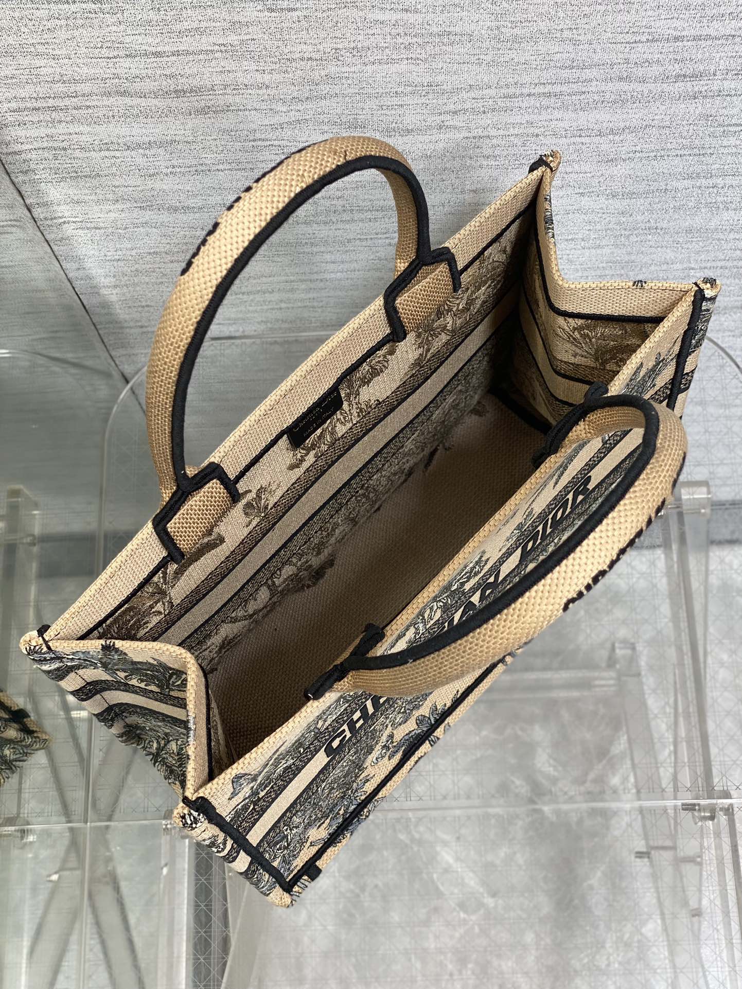 CD Medium Dior Book Tote Tropical Pattern Black Beige Cotton