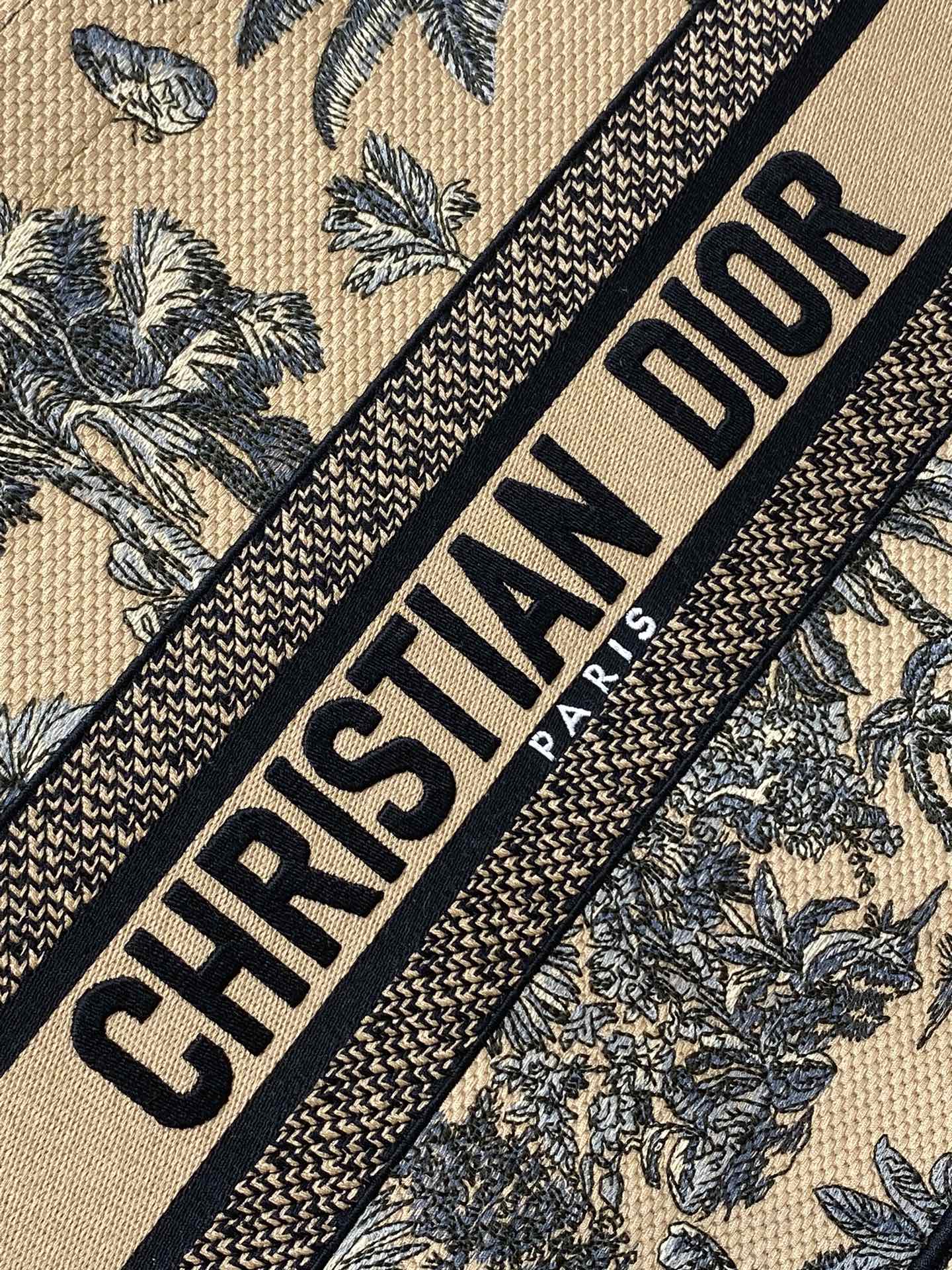 CD Medium Dior Book Tote Tropical Pattern Black Beige Cotton