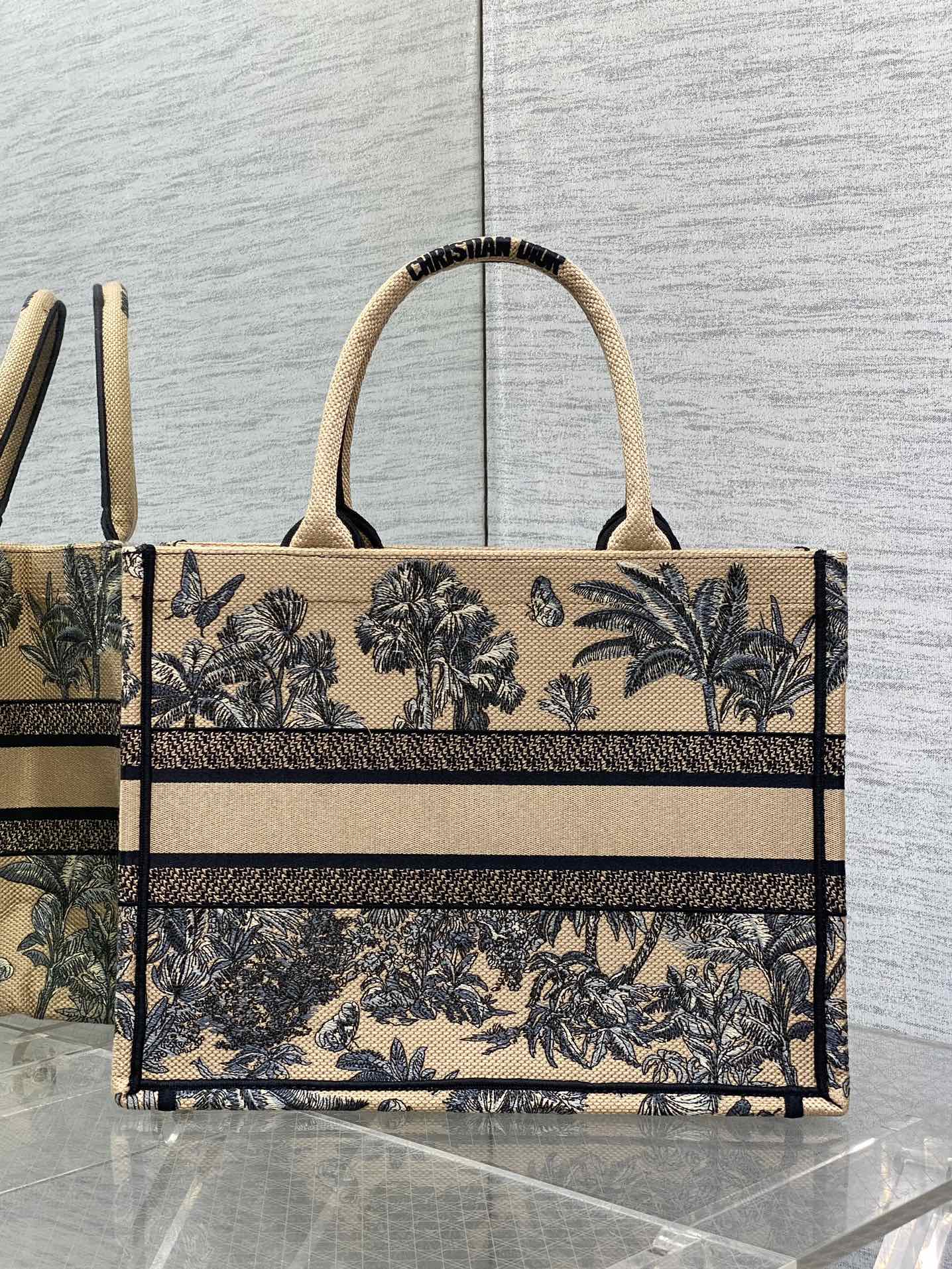 CD Medium Dior Book Tote Tropical Pattern Black Beige Cotton