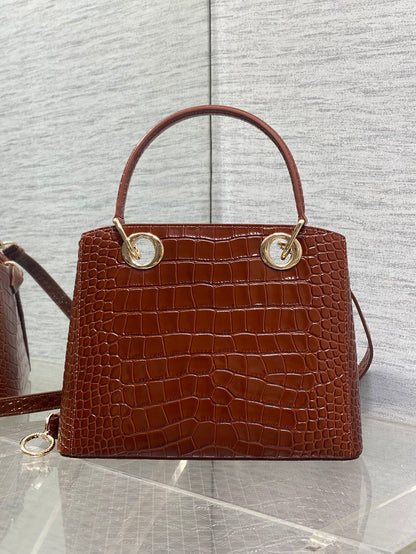 CD 26SS Bow-Adorned Bag Brown Glossy Crocodile Pattern Embossed Calfskin 272523