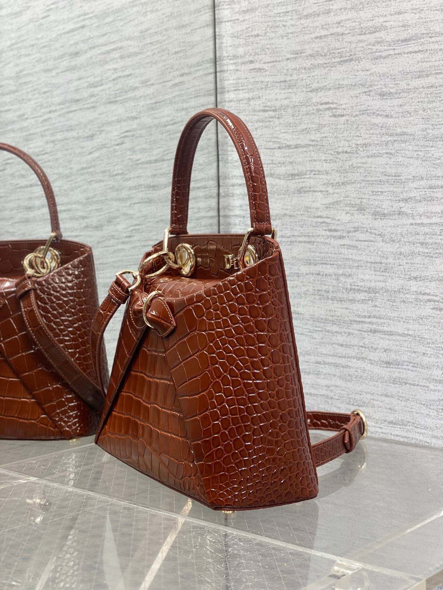 CD 26SS Bow-Adorned Bag Brown Glossy Crocodile Pattern Embossed Calfskin 272523