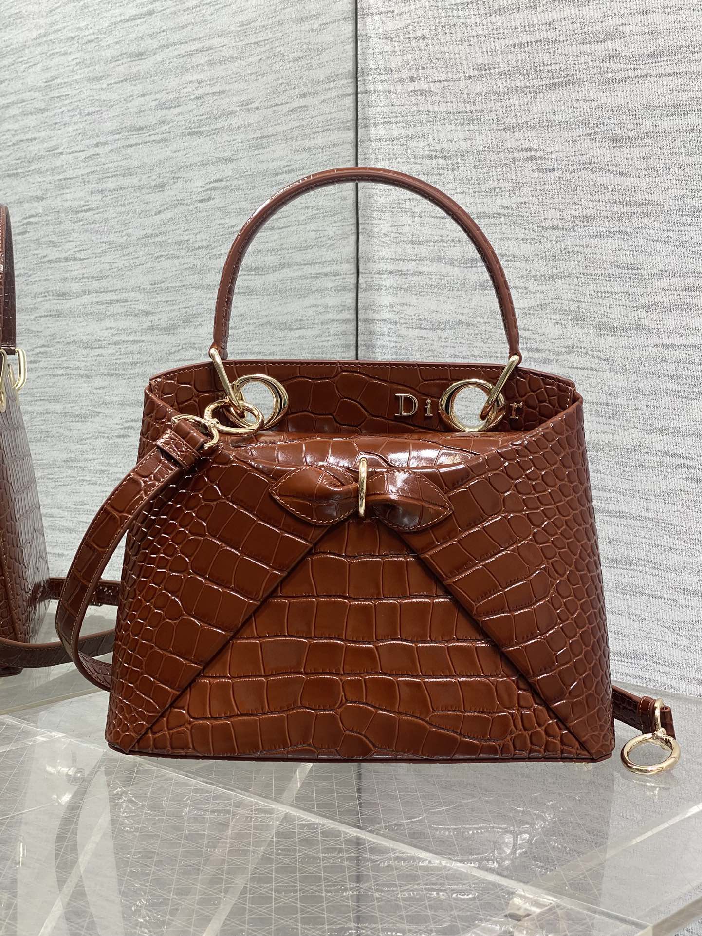 CD 26SS Bow-Adorned Bag Brown Glossy Crocodile Pattern Embossed Calfskin 272523