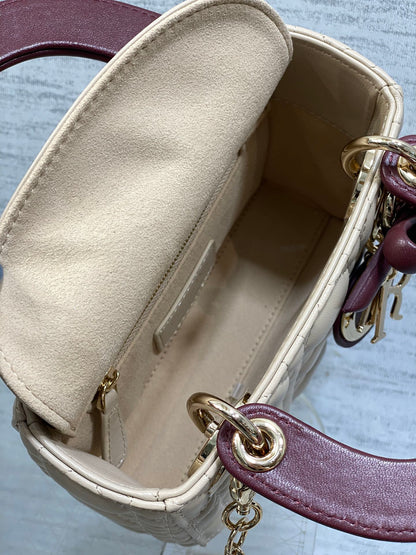 Dior 2026 Mini Lady Dior Bag Beige Burugndy Lambskin 286583