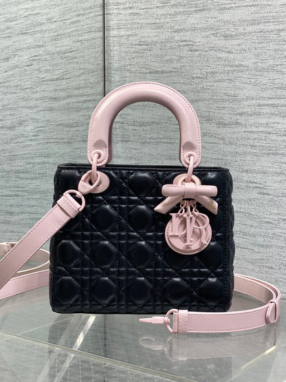 Dior 2026 Bow Lady Dior 20cm Black Pink Cannage Lambskin 289164