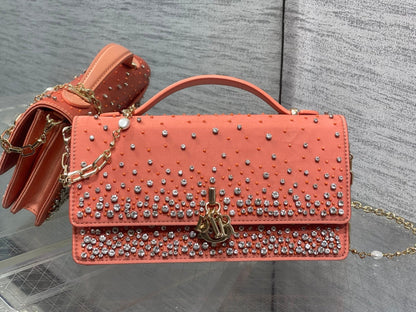 Dior 2026 Crystal Embellishments Lady Bag 24cm Coral Orange Leather 355276