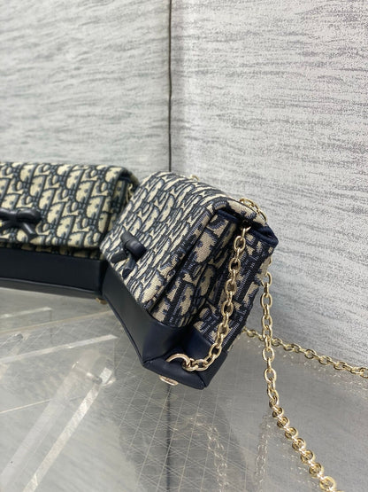 Dior 2026 Oblique Bow Bag 21cm Blue Beige Fabric Leather 378809