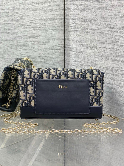 Dior 2026 Oblique Bow Bag 21cm Blue Beige Fabric Leather 378809