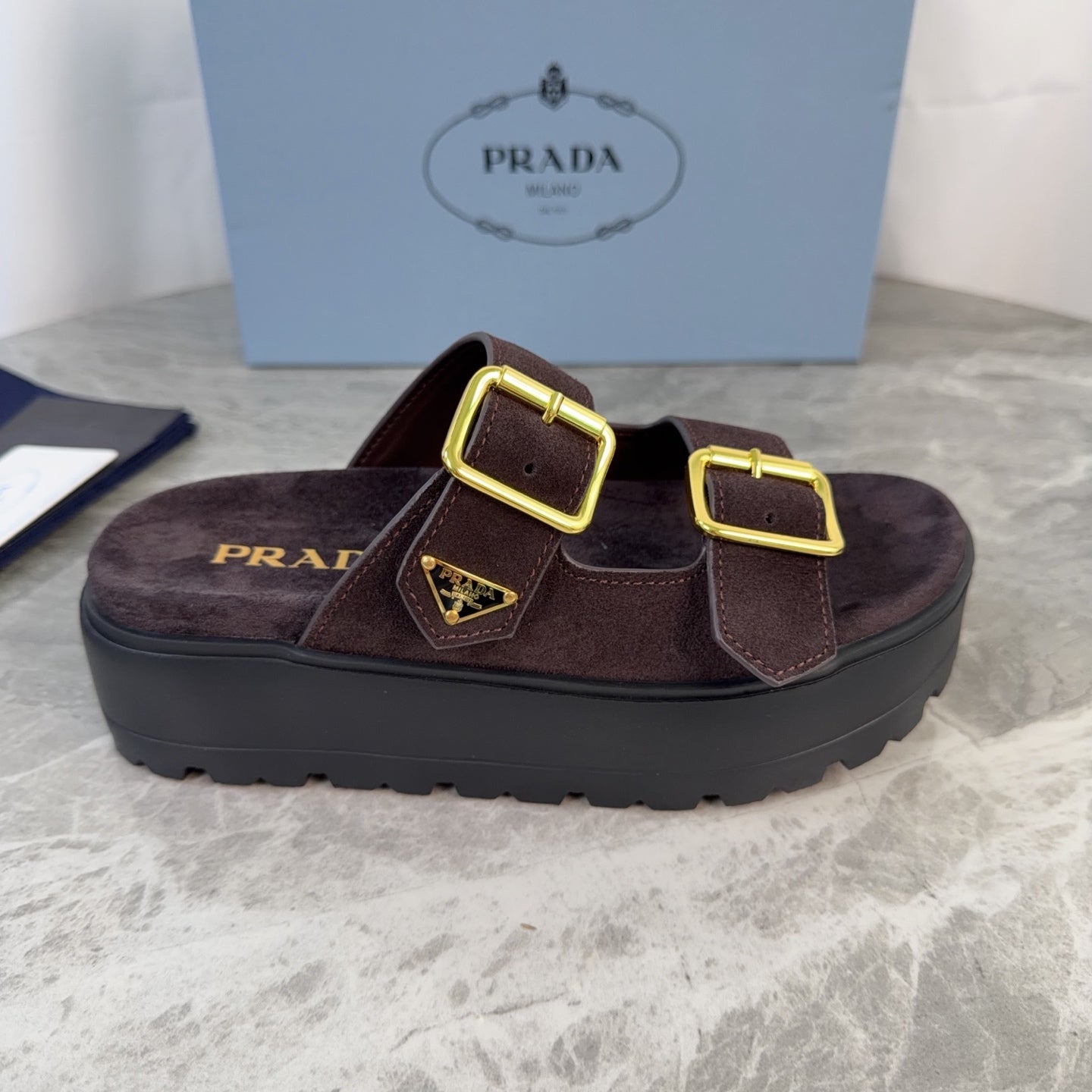 Prada 2026 Fussbett Flatform Slide Sandal Dark Brown Black Suede Leather 707697