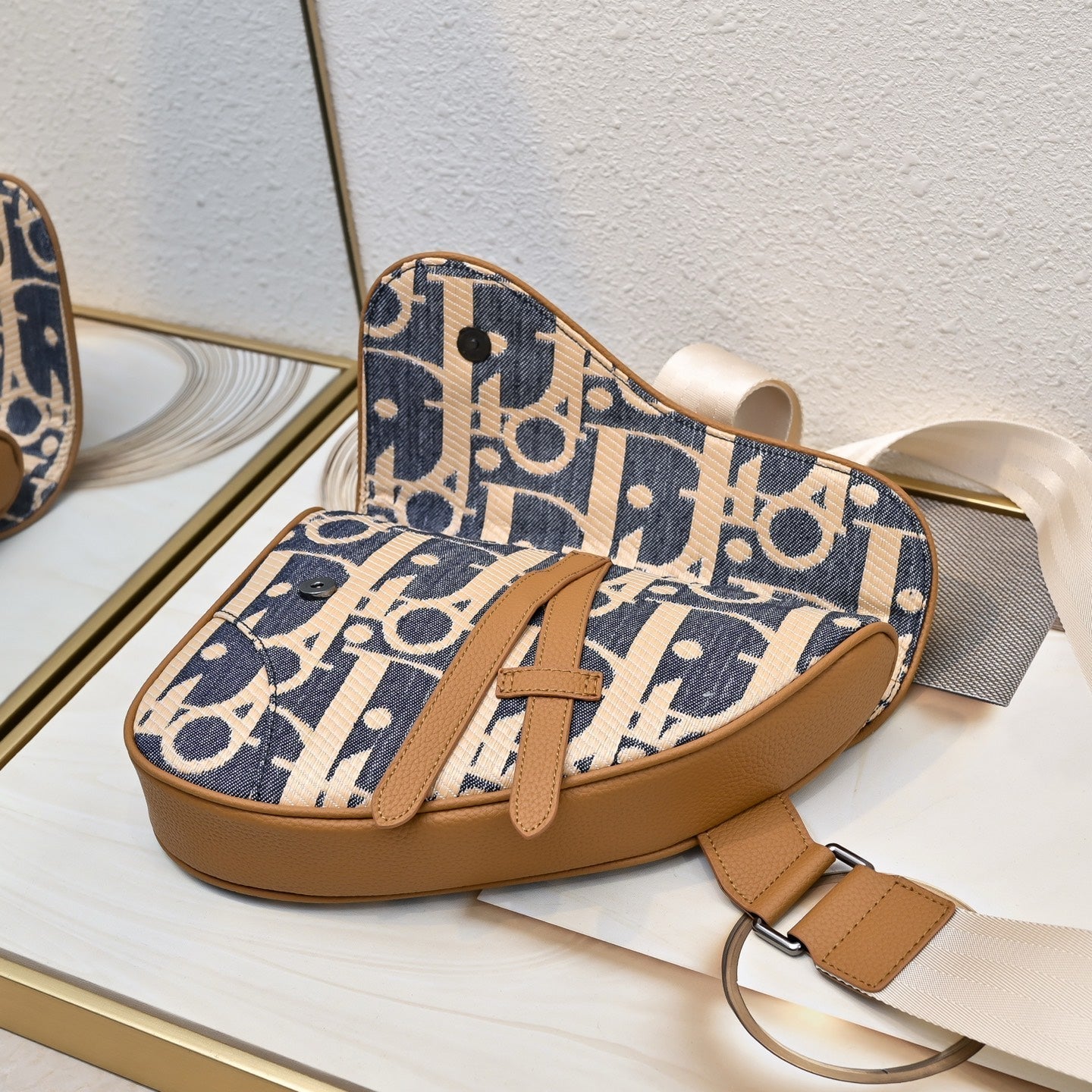 Dior 2026 Saddle Oblique Bag 28.6cm Blue Brown Denim Calfskin