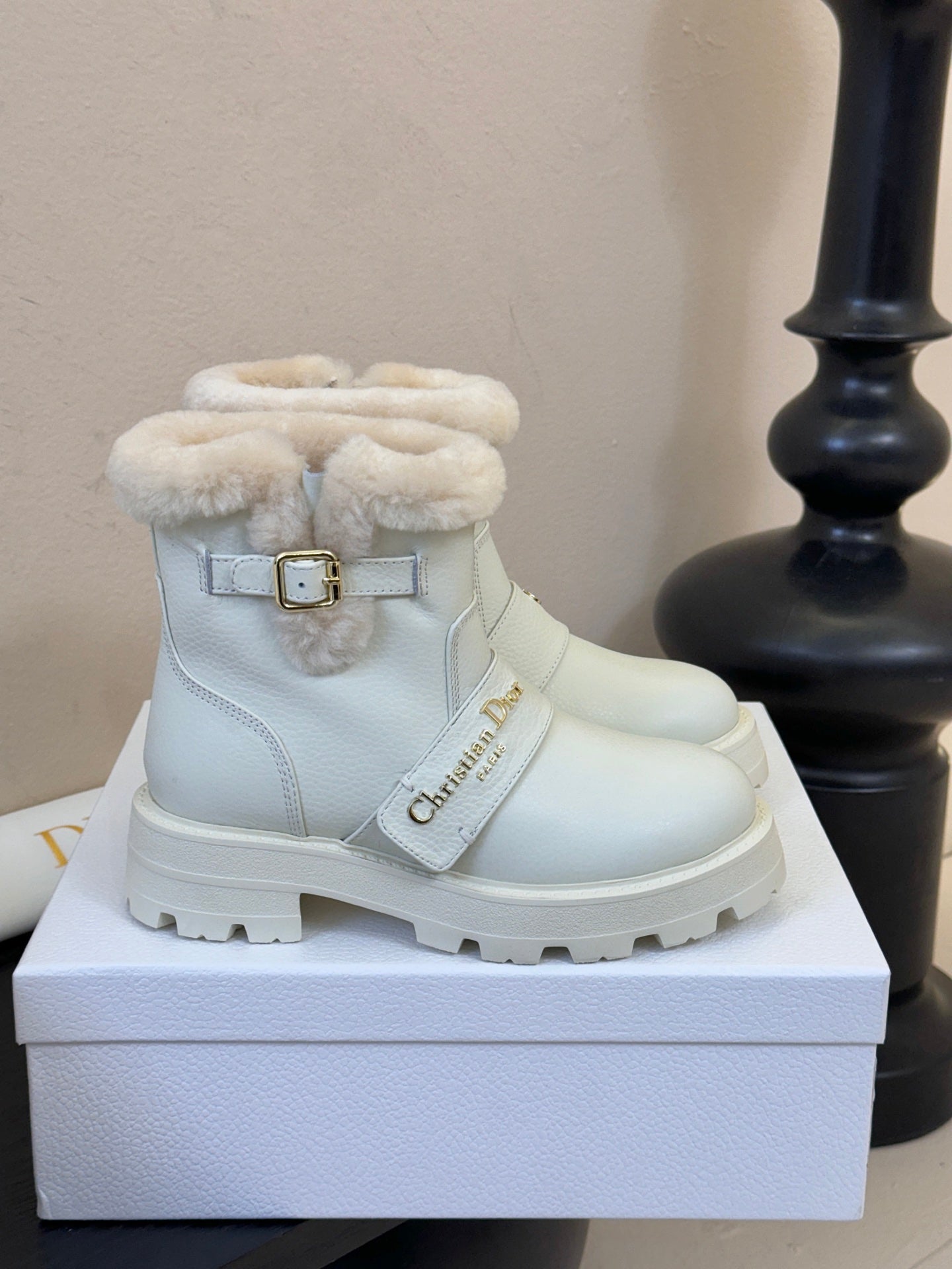 CD Alps D-Quest Ankle Boot White Grained Calfskin Shearling 530609