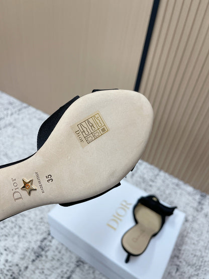 CD 26s High Heel Slippers 75 Black Beige Canvas Leather 643490