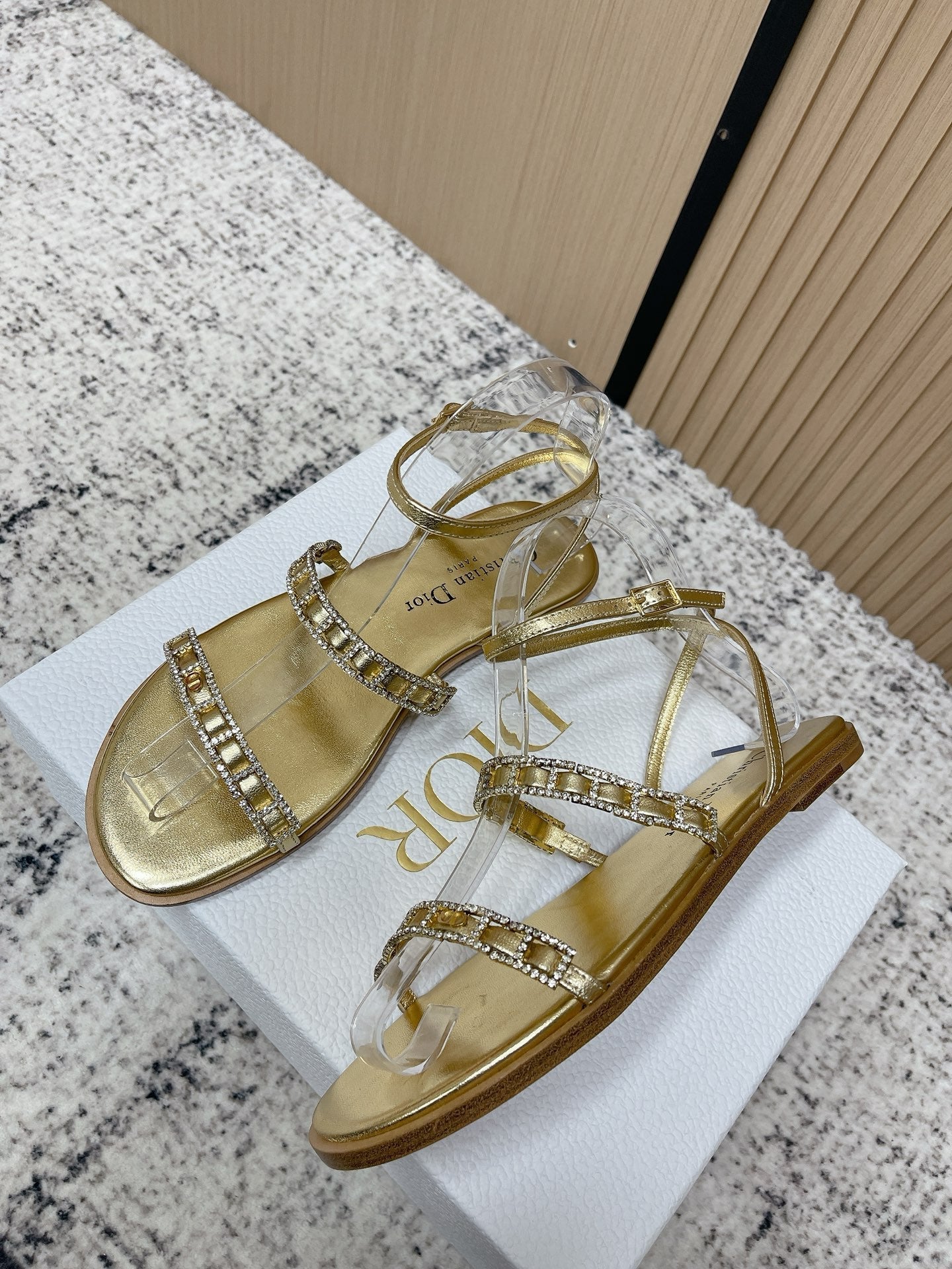 CD 26s Crystal Sandals Gold Champage Genuine Leather 643499