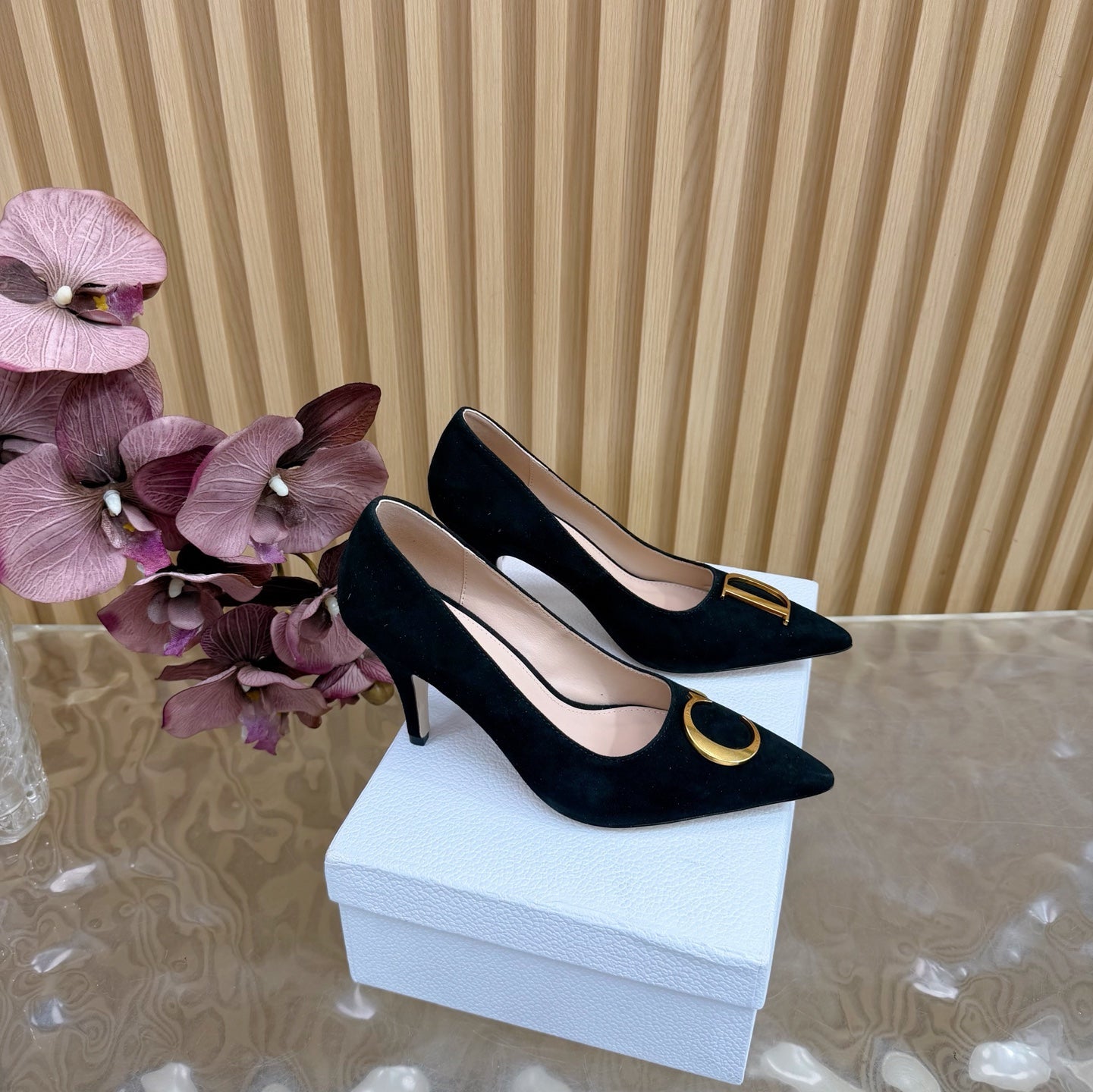 CD Buckle High-Heeled Elegant Shoes 85mm Black Suede 537715