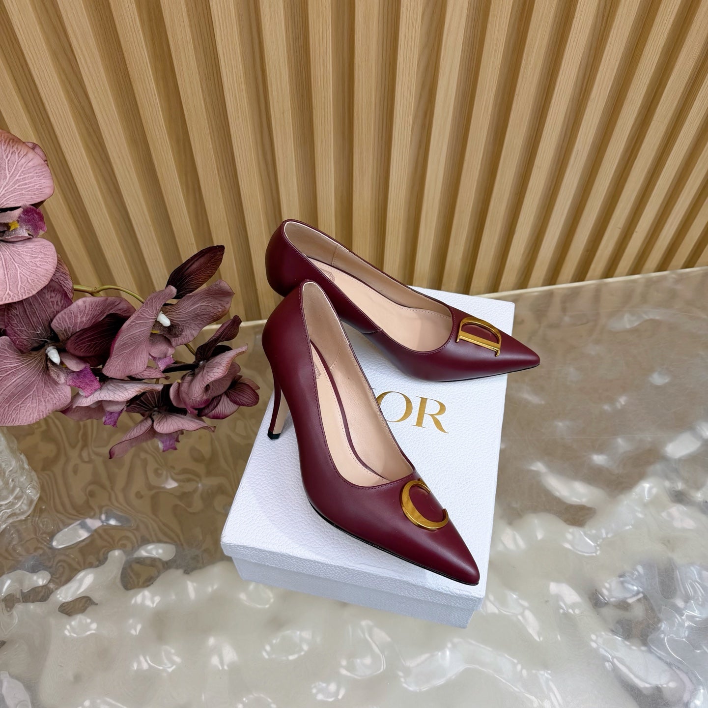 CD Buckle High-Heeled Elegant Shoes 85mm Burgundy Cowhide 537720