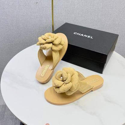 Chanel 2026 Flower Flat Thong Sandals Suede Cowhide 801431
