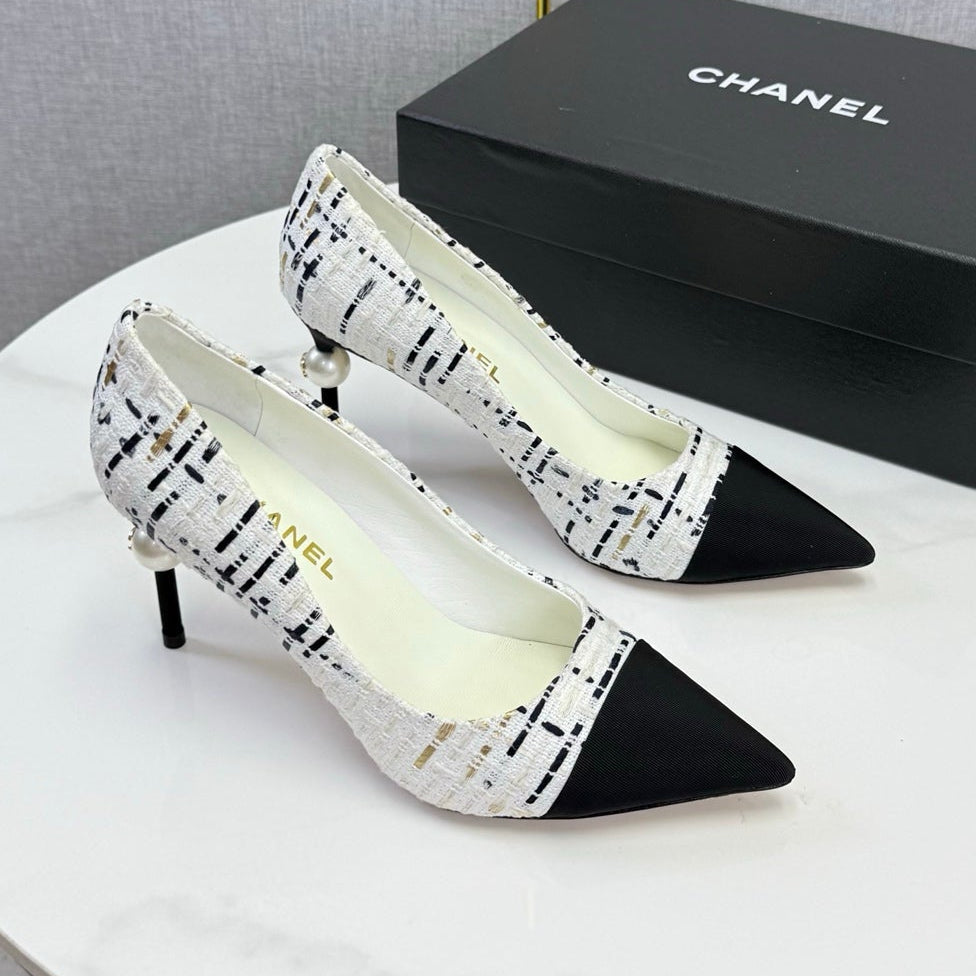 Chanel 2026 Pumps 85mm Tweed Pearl White Black 801952