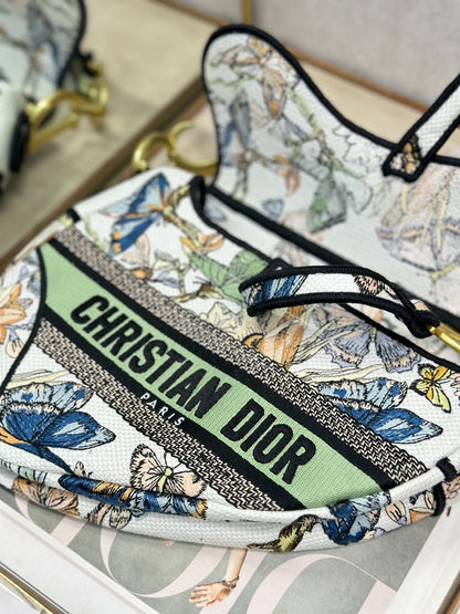 CD Saddle Bag 25.5cm Black Green White Butterfly Embroidery Canvas