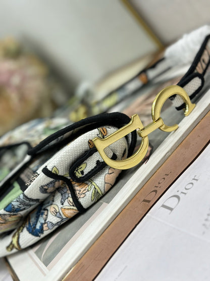 CD Saddle Bag 25.5cm Black Green White Butterfly Embroidery Canvas