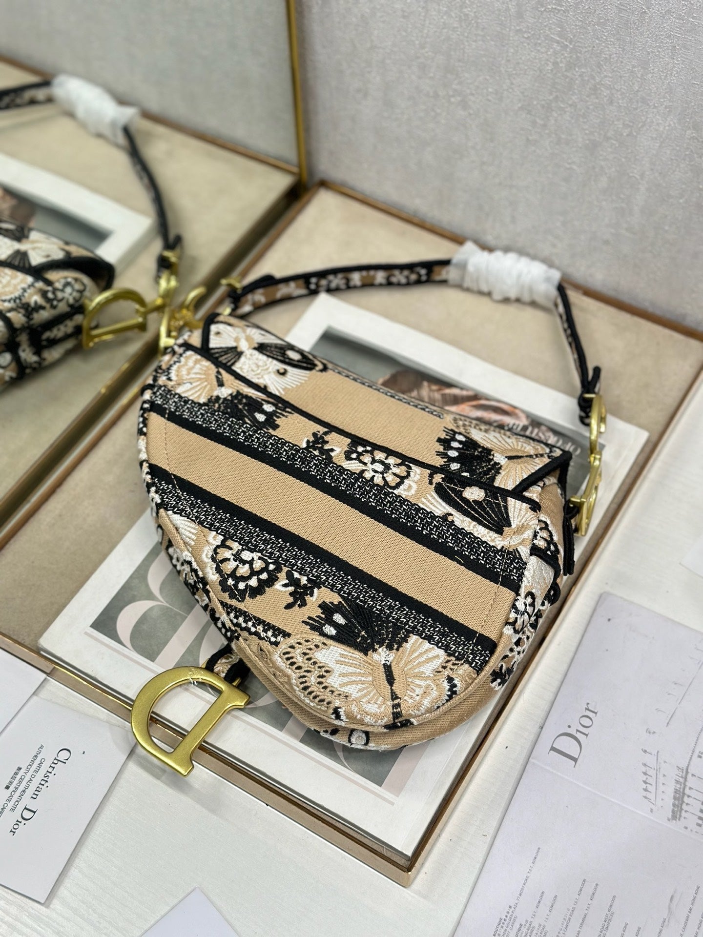 CD Saddle Bag 25.5cm Black Beige Butterfly Embroidery Canvas