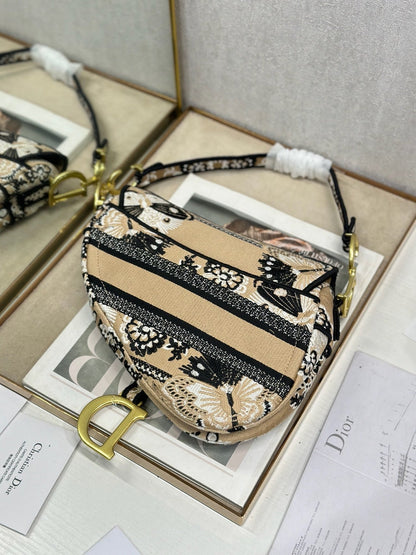 CD Saddle Bag 25.5cm Black Beige Butterfly Embroidery Canvas