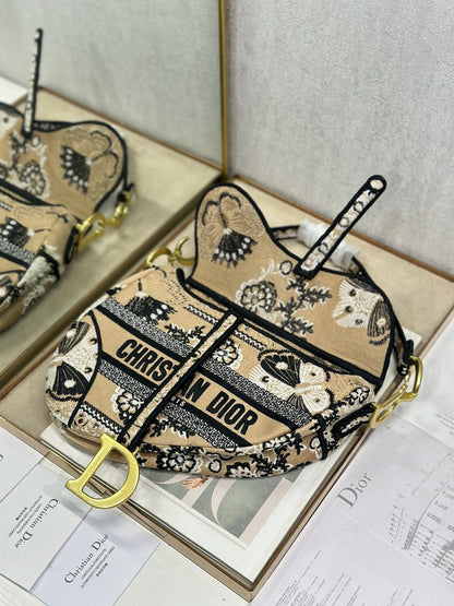 Dior 2026 Butterfly Motifs Saddle Bag 25.5cm Light Brown mix Black Canvas 289476