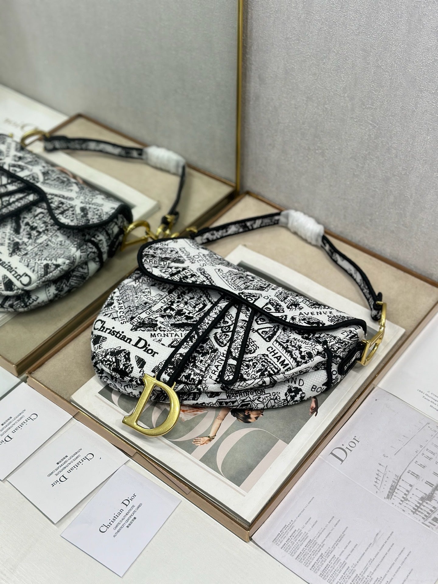 CD Saddle Bag 25.5cm Black White Plan de Paris printed Canvas