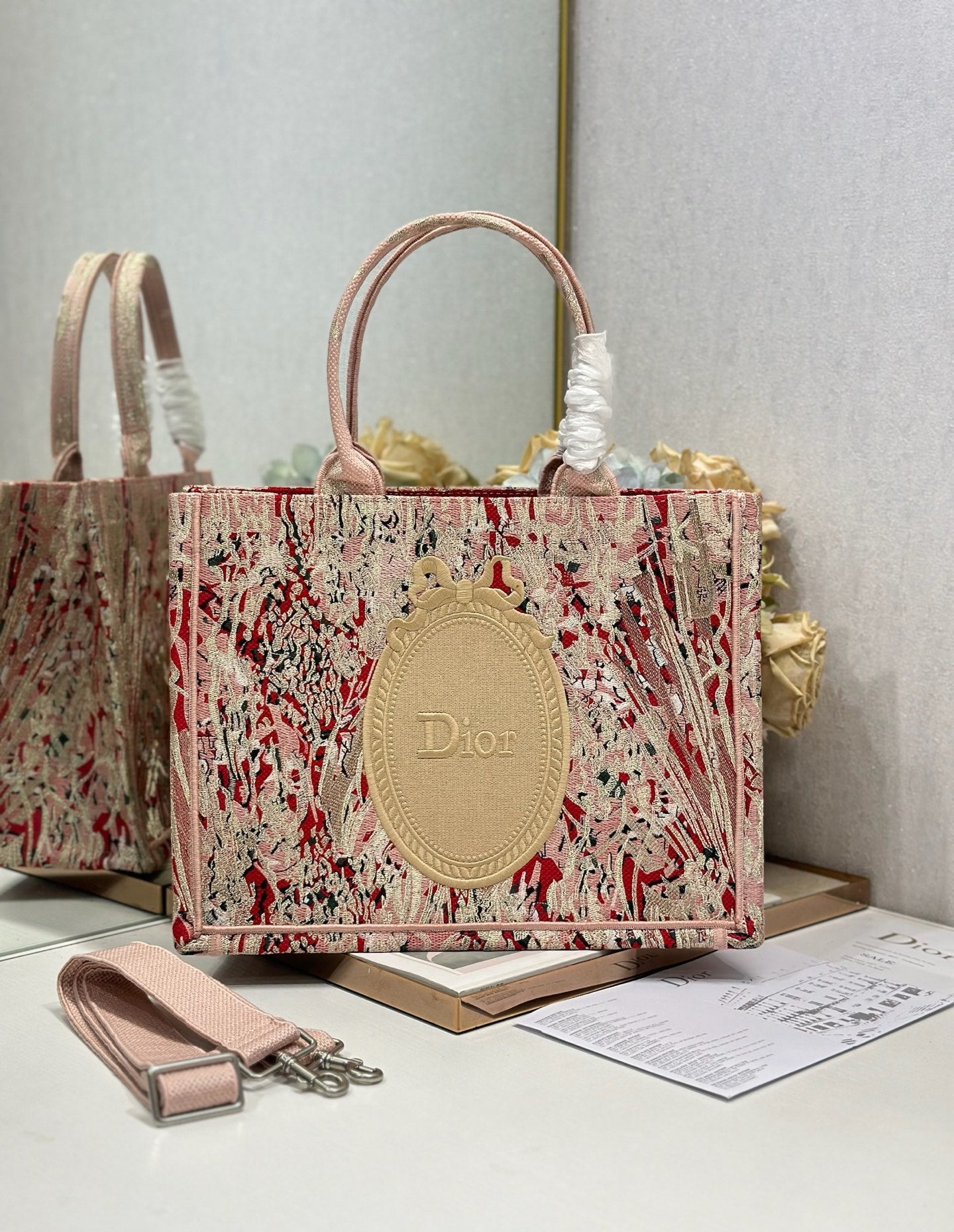 Dior 2026 Book Tote Bag Pink Red Embroidery Canvas 289527