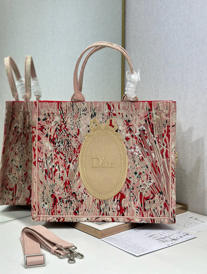 Dior 2026 Book Tote Bag Pink Red Embroidery Canvas 289527