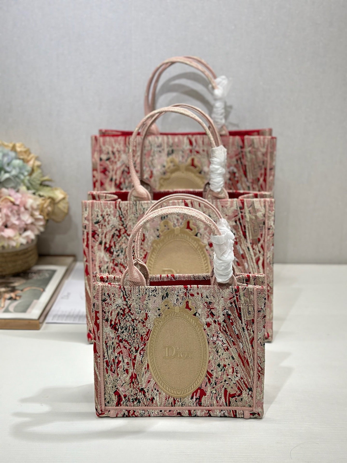 Dior 2026 Book Tote Bag Pink Red Embroidery Canvas 289527