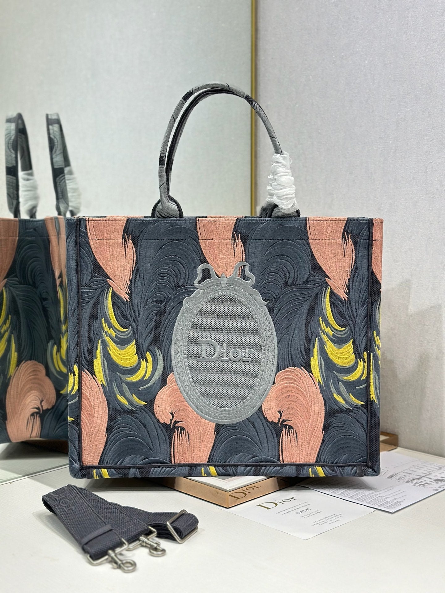 CD Book Tote Pink Grey Leaf Embroidery