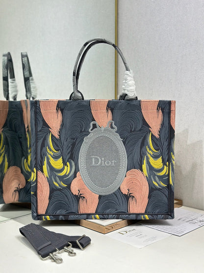 CD Book Tote Pink Grey Leaf Embroidery