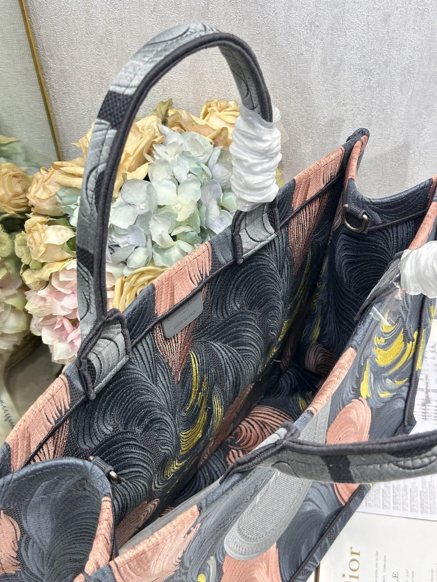 CD Book Tote Pink Grey Leaf Embroidery