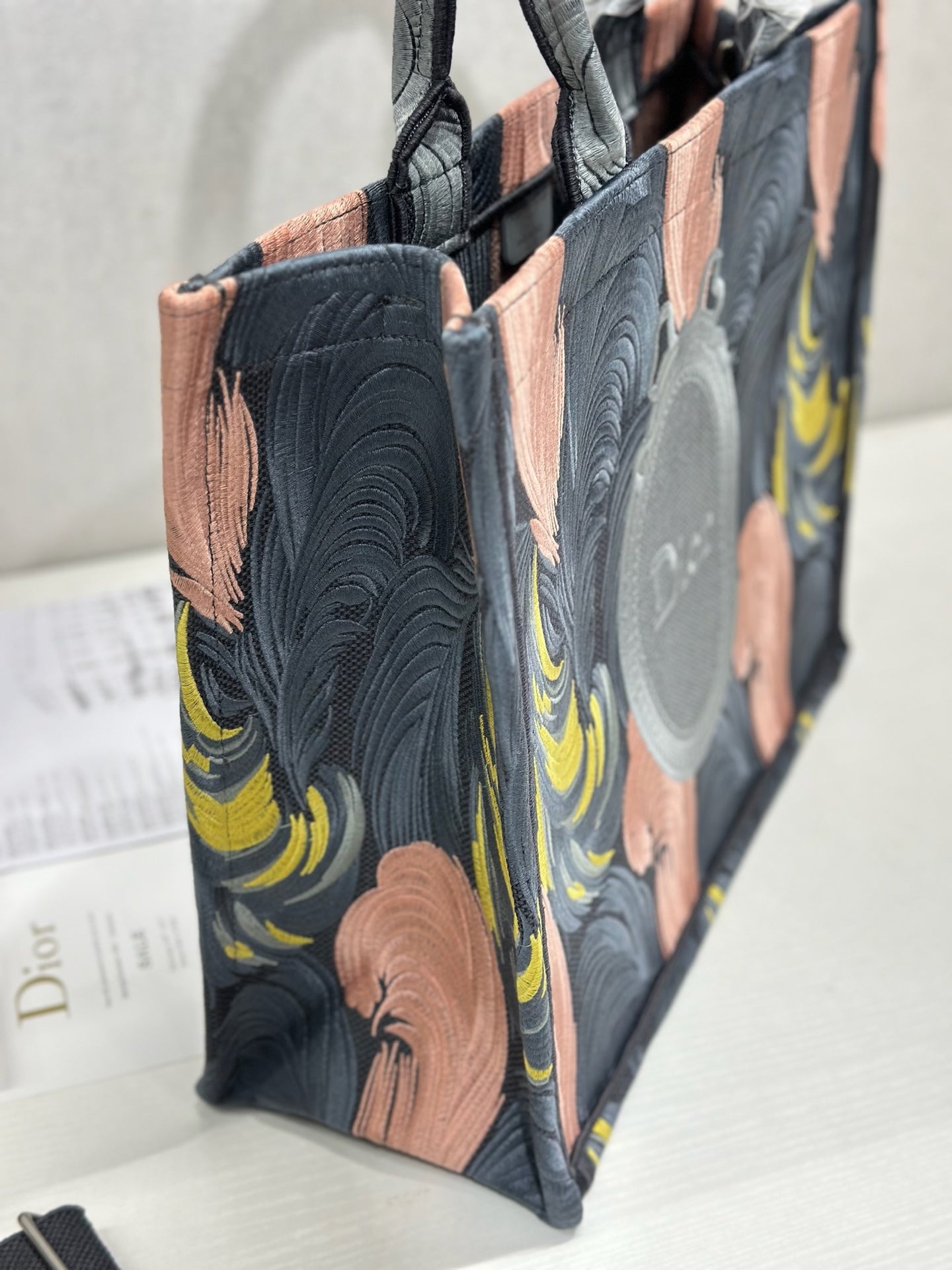 CD Book Tote Pink Grey Leaf Embroidery