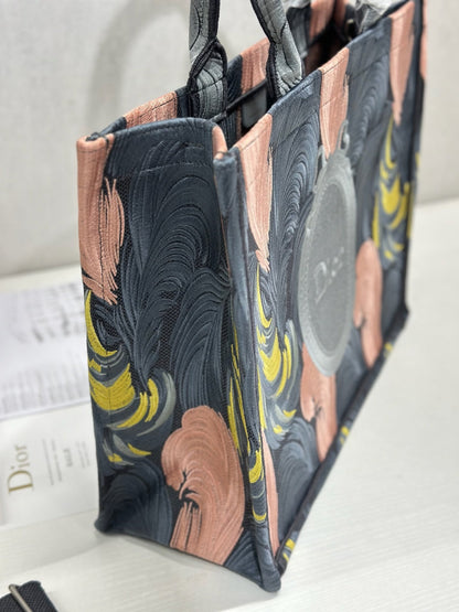 CD Book Tote Pink Grey Leaf Embroidery