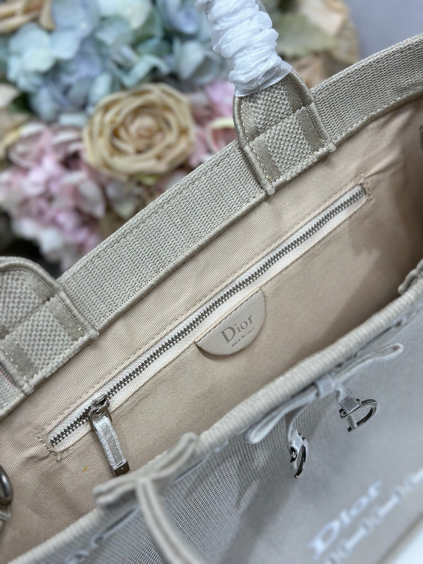 CD Book Tote Beige Embroidery and White Woven Grosgrain Ribbon