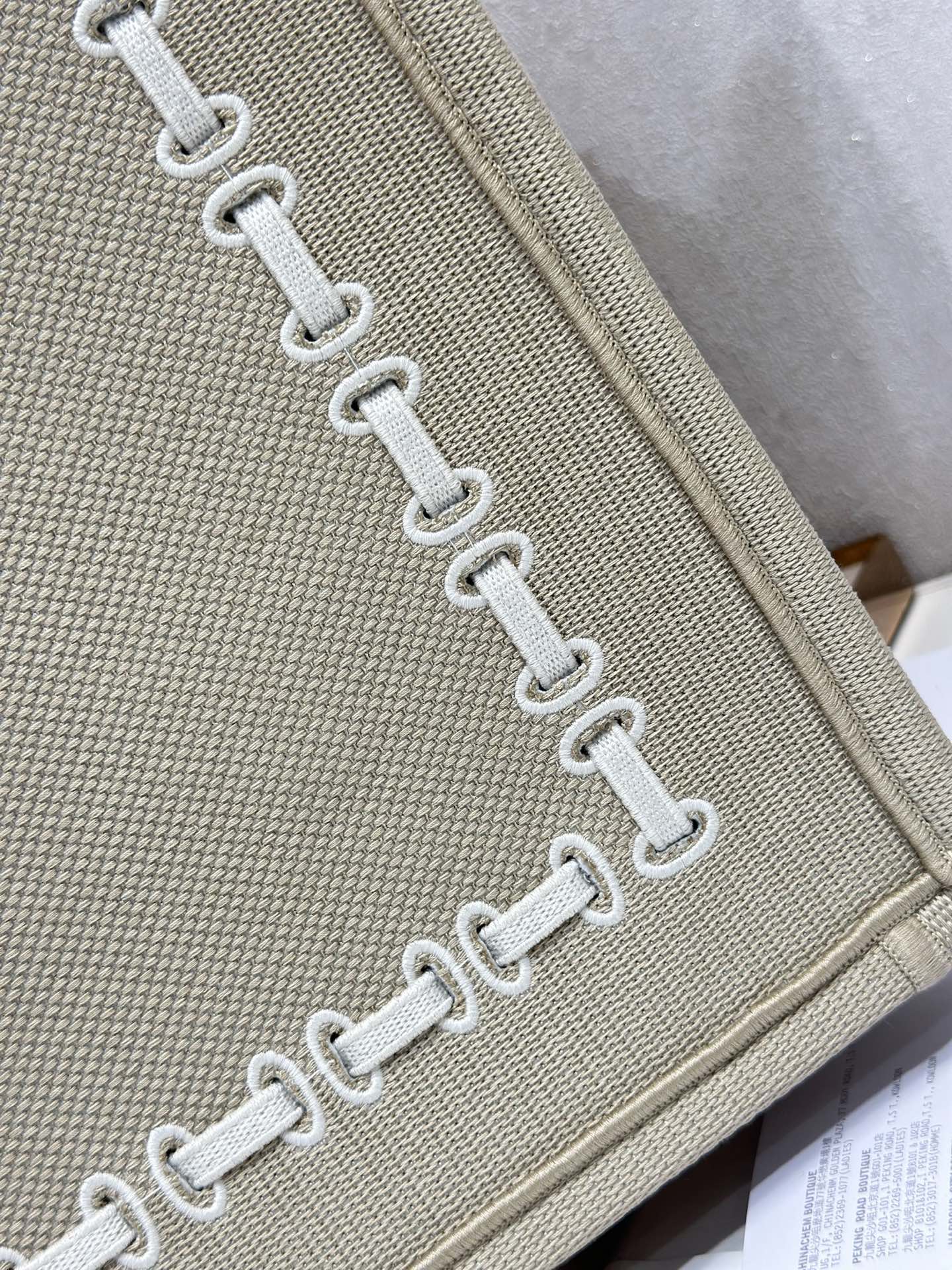 CD Book Tote Beige Embroidery and White Woven Grosgrain Ribbon