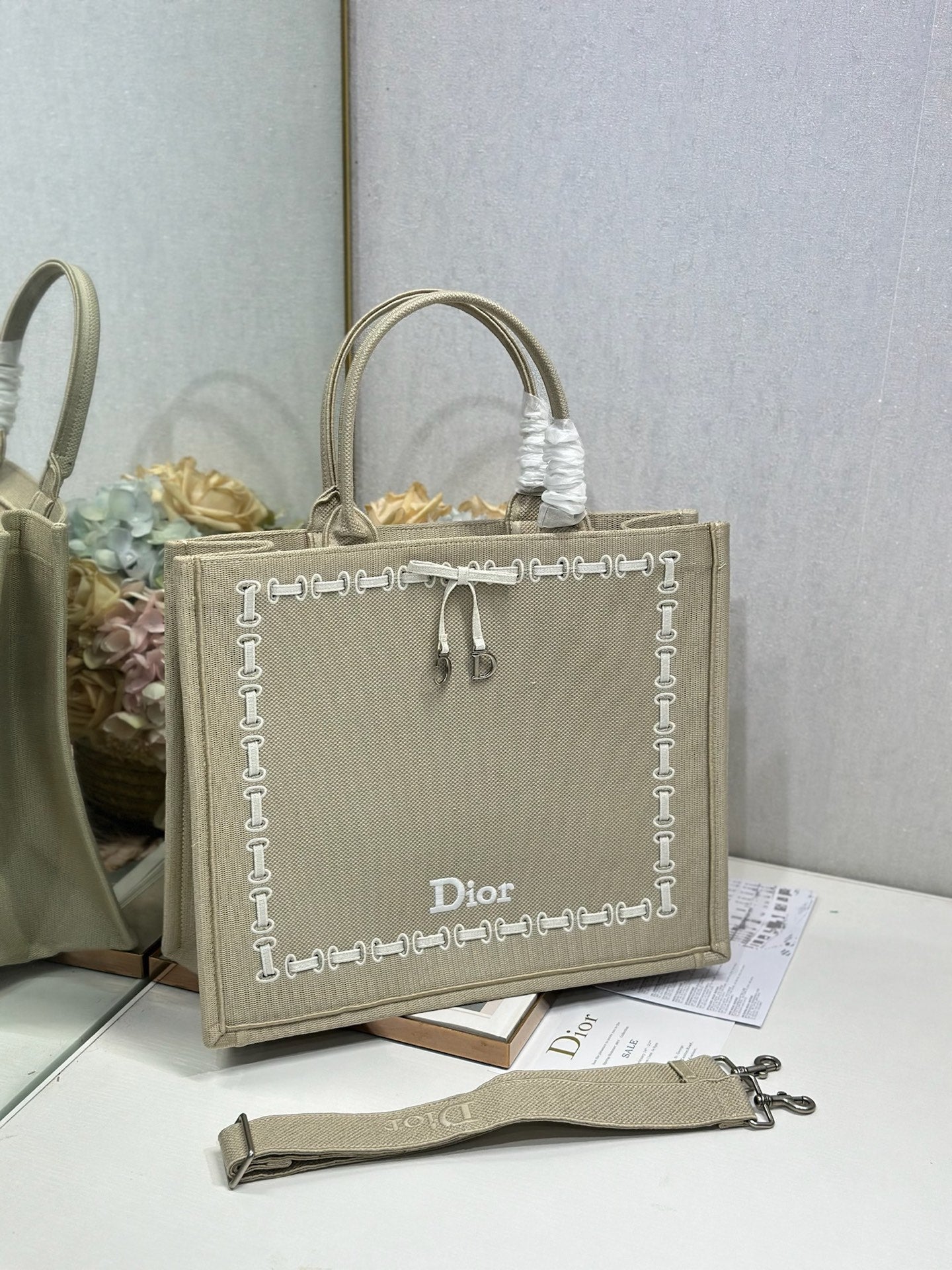 CD Book Tote Beige Embroidery and White Woven Grosgrain Ribbon