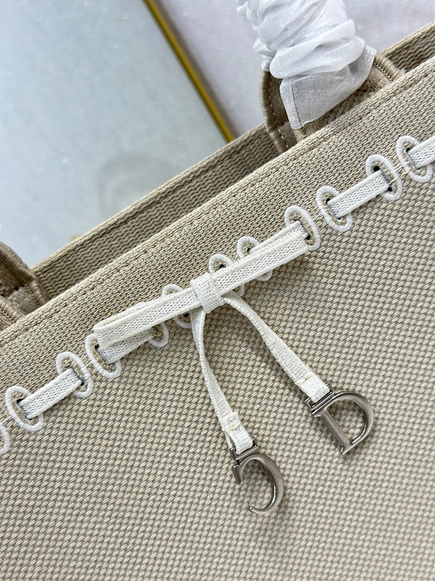 CD Book Tote Beige Embroidery and White Woven Grosgrain Ribbon