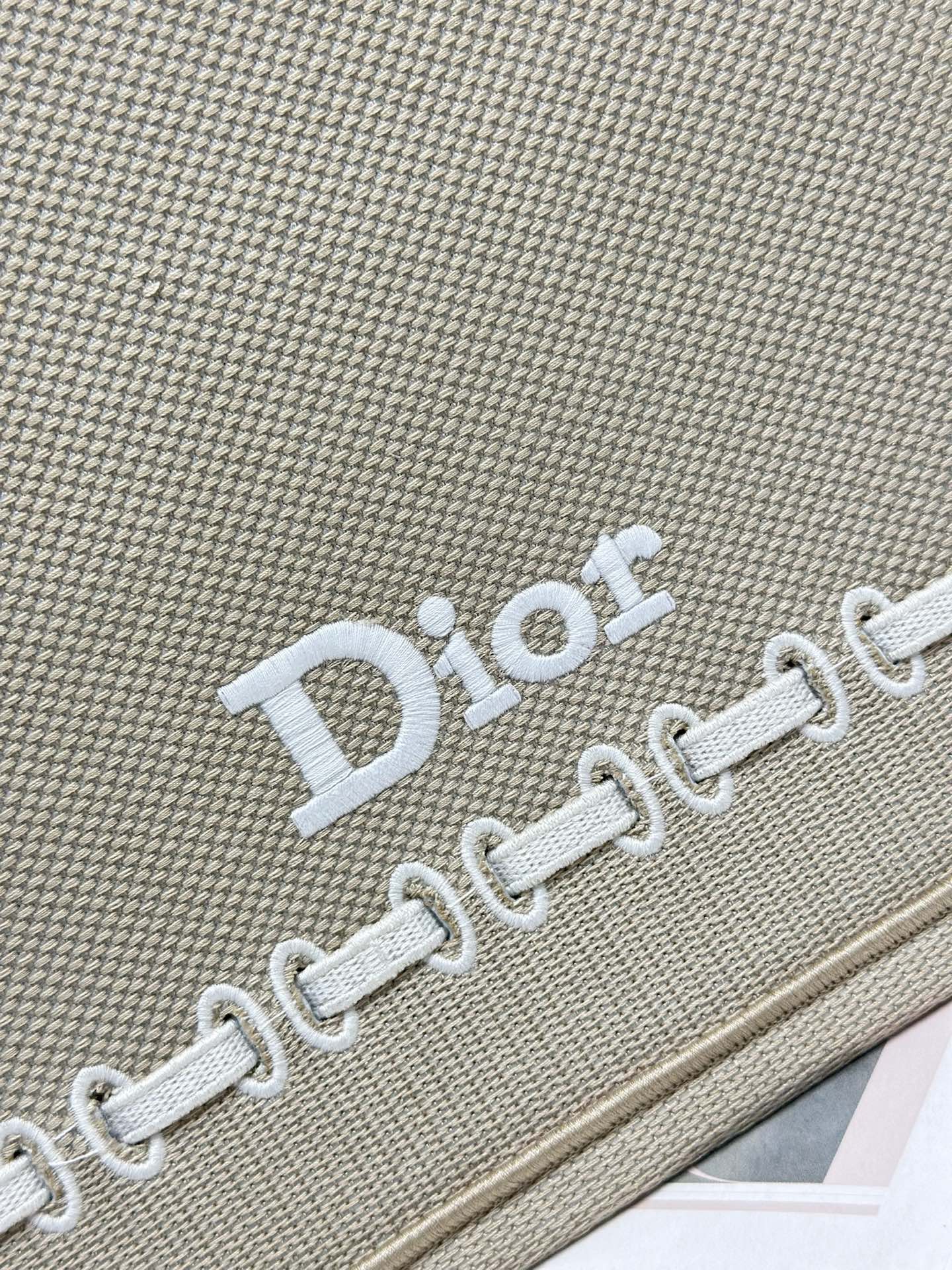 CD Book Tote Beige Embroidery and White Woven Grosgrain Ribbon