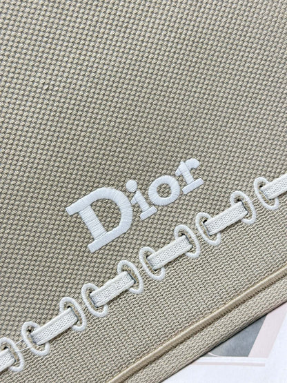 CD Book Tote Beige Embroidery and White Woven Grosgrain Ribbon