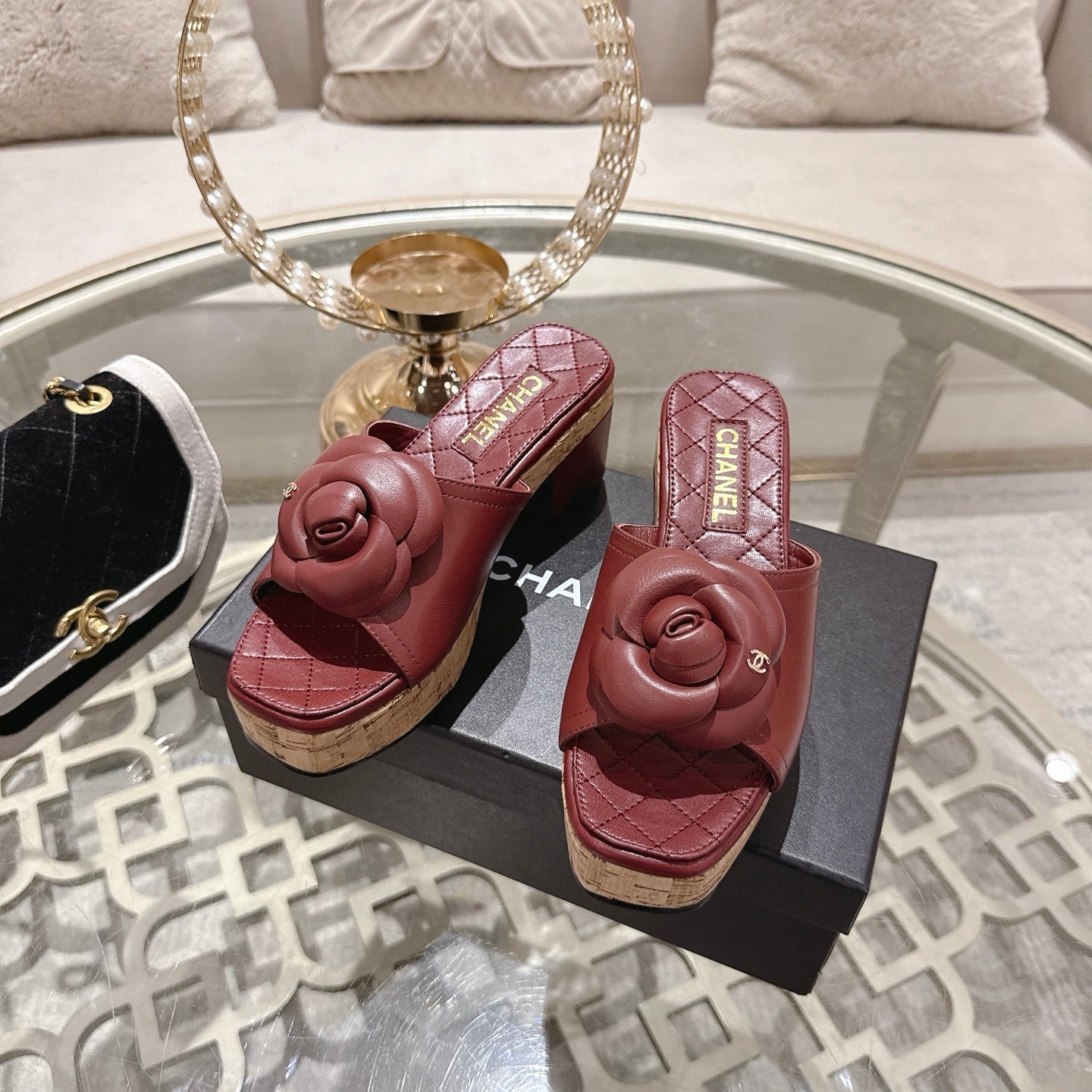 CC 26s Camellia Platform Slippers 65 Dark Red Lambskin 627046
