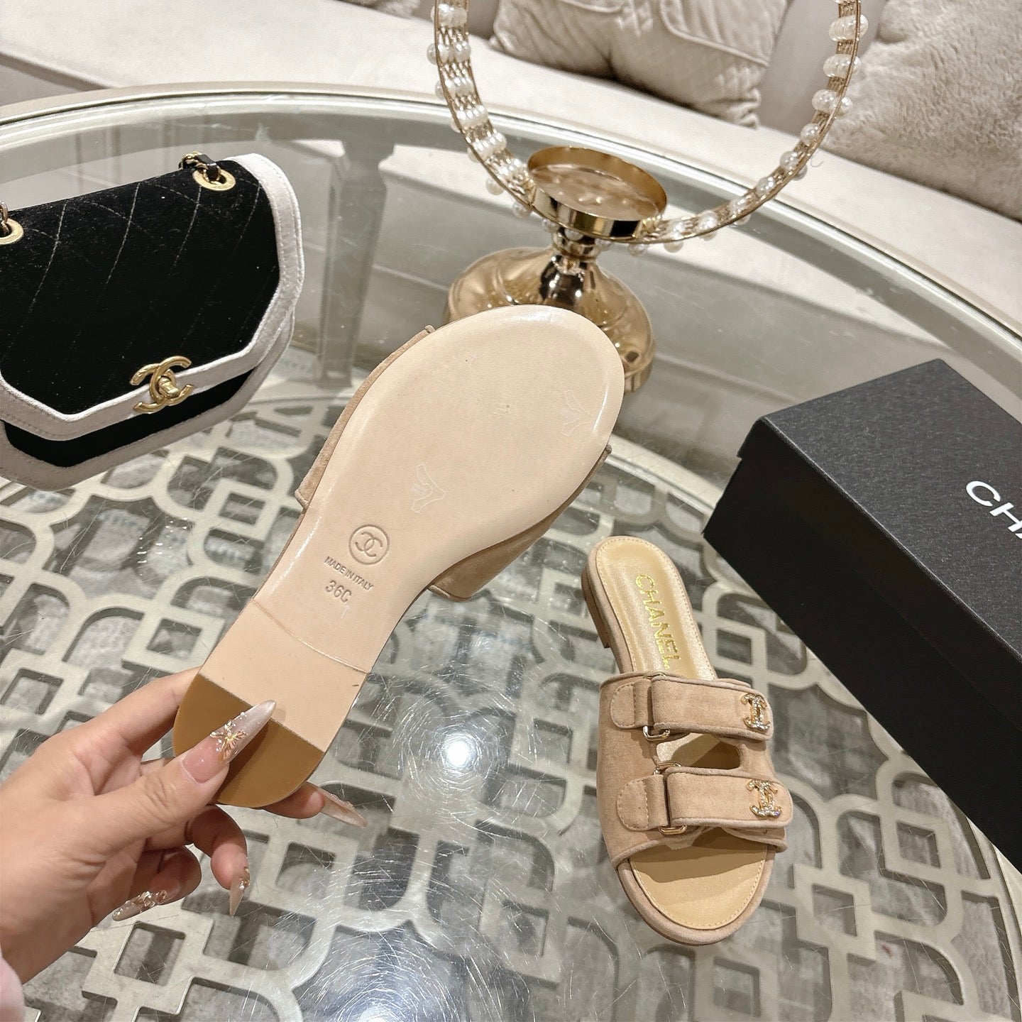 CC 26s Buckle Sandals Beige Suede Sheepskin 627078